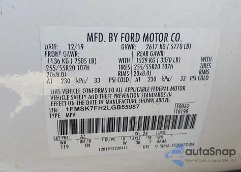 2020 Ford Explorer Limited z USA, uszkodzony, nr VIN 1FMSK7FH2LGB55987